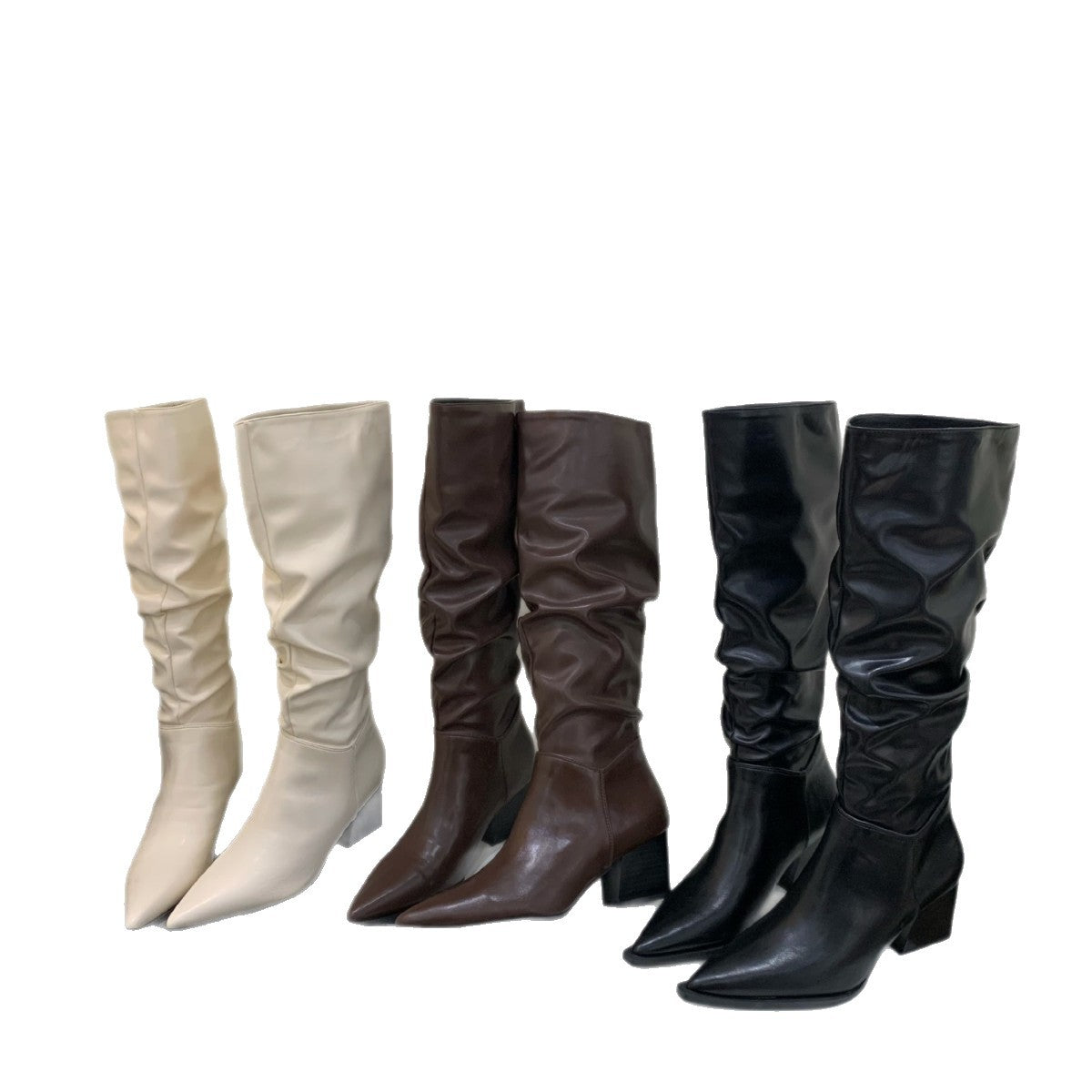 Women's Chunky Long Pointed Pleated Pile Style Retro Temperament Thin Women's Leather Boots