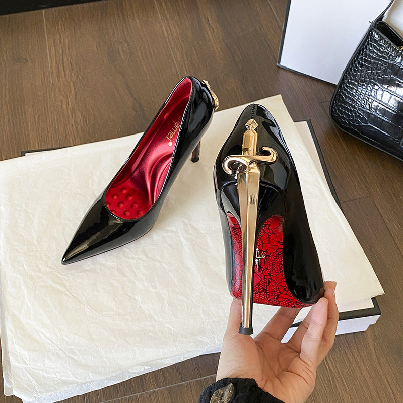Gold Truncheon High Patent Stilettos Black Not Tired Footprints Heels