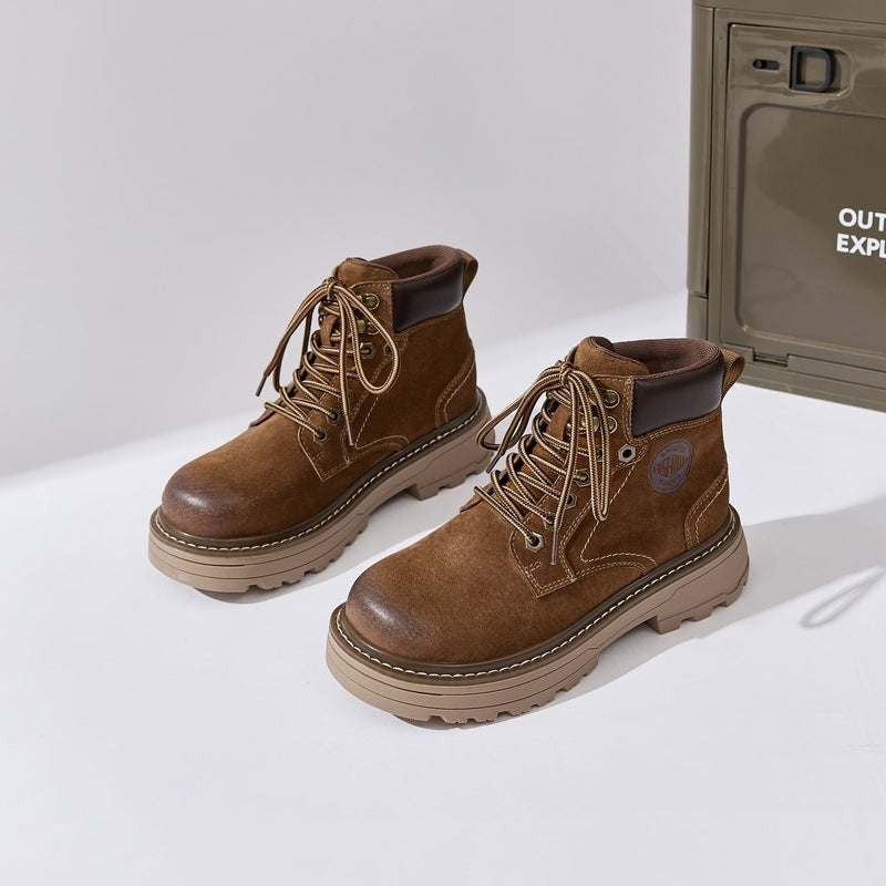 Wang Worker Couple Outdoor Travel Height Increasing Insole Platform Women's Leather Boots