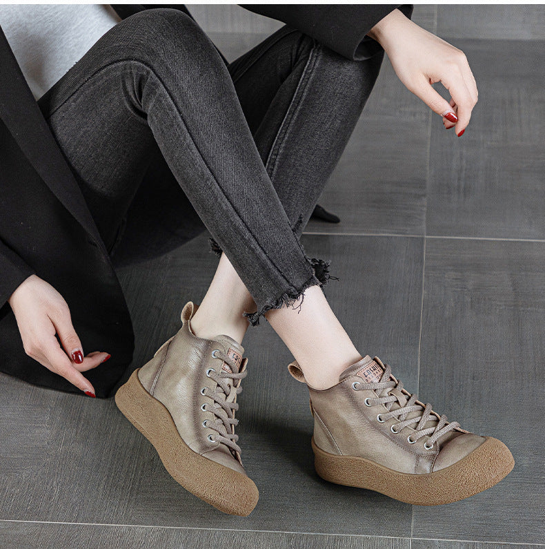 Women's Retro First Layer Cowhide Board Autumn Genuine Boots