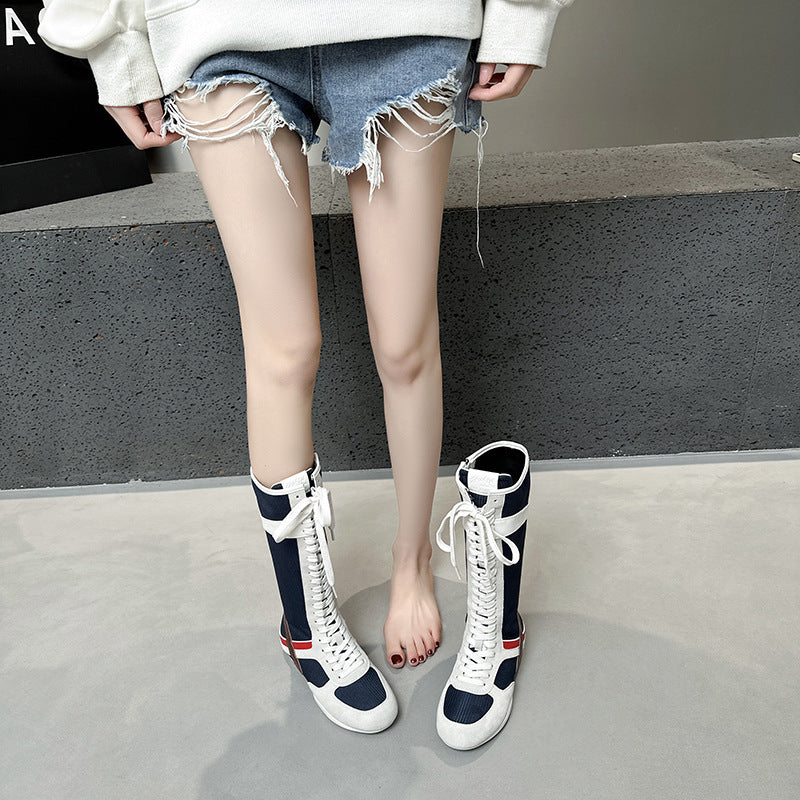Zipper Soft Bottom Height Increasing Insole Fashion Strap Flat Long Women's Casual Shoes