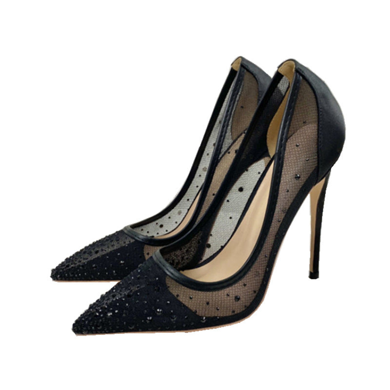 Women's Spring Breathable Mesh Diamond High Pointed Toe Shallow Mouth Heels