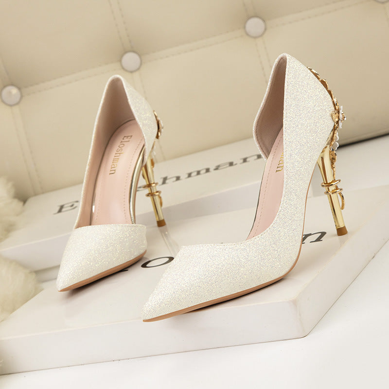 Women's Metal Flower Stiletto Side Hollow Wedding Pointed Toe Gold Women's Shoes