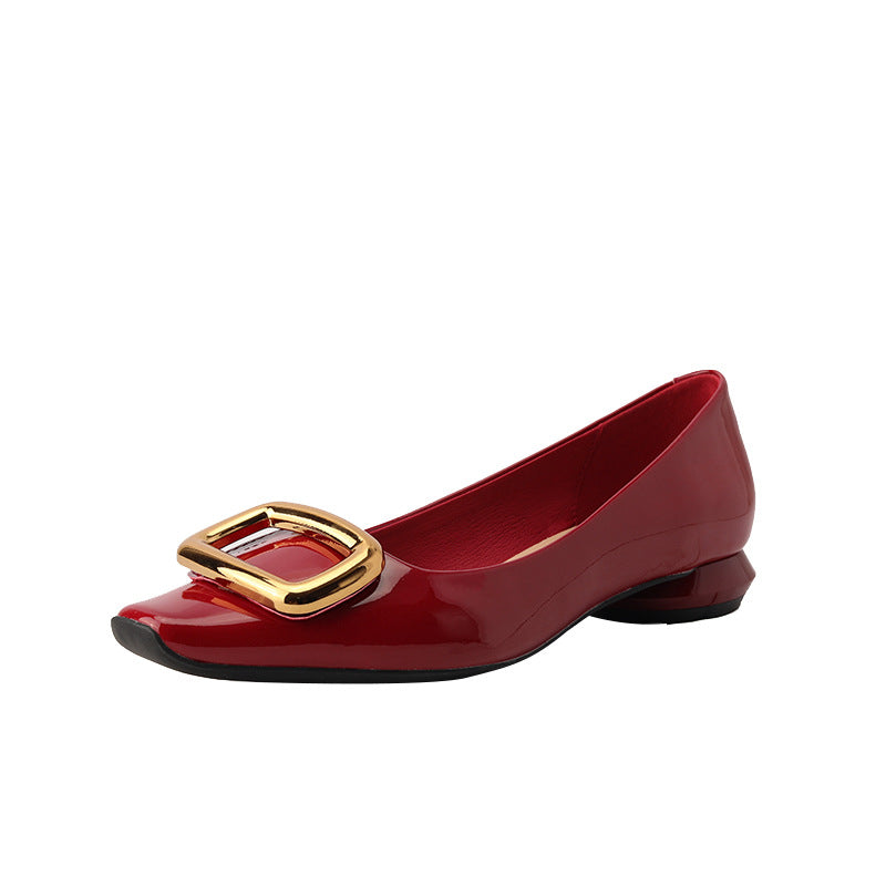Women's Buckle Patent Head Chunky Low-cut Flat-heeled Flat Sheepskin Heels