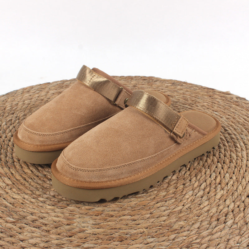 Cowhide Male Female Large Size Drawstring Flat Slippers