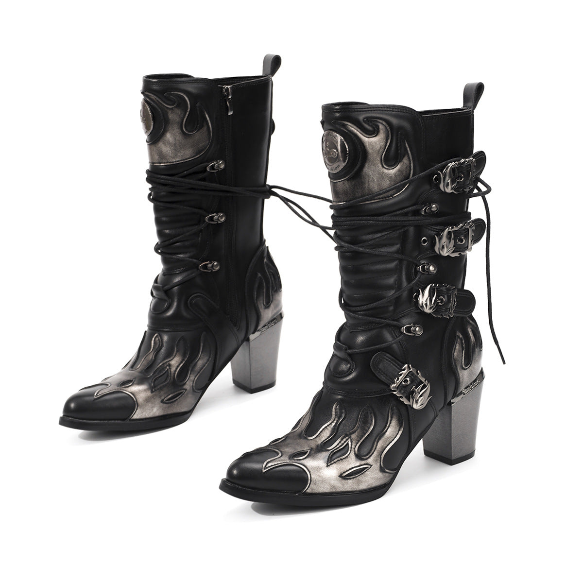 American Size Brushed Flame Middle Side Zipper Fashion Retro High Women's Leather Boots