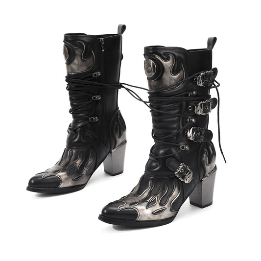 American Size Brushed Flame Middle Side Zipper Fashion Retro High Women's Leather Boots