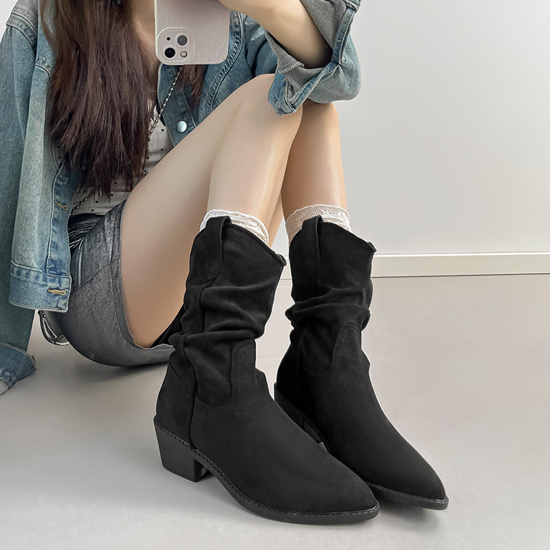 Women's V-shaped Mouth Thick Short Retro Length Pleated Pile Women's Leather Boots