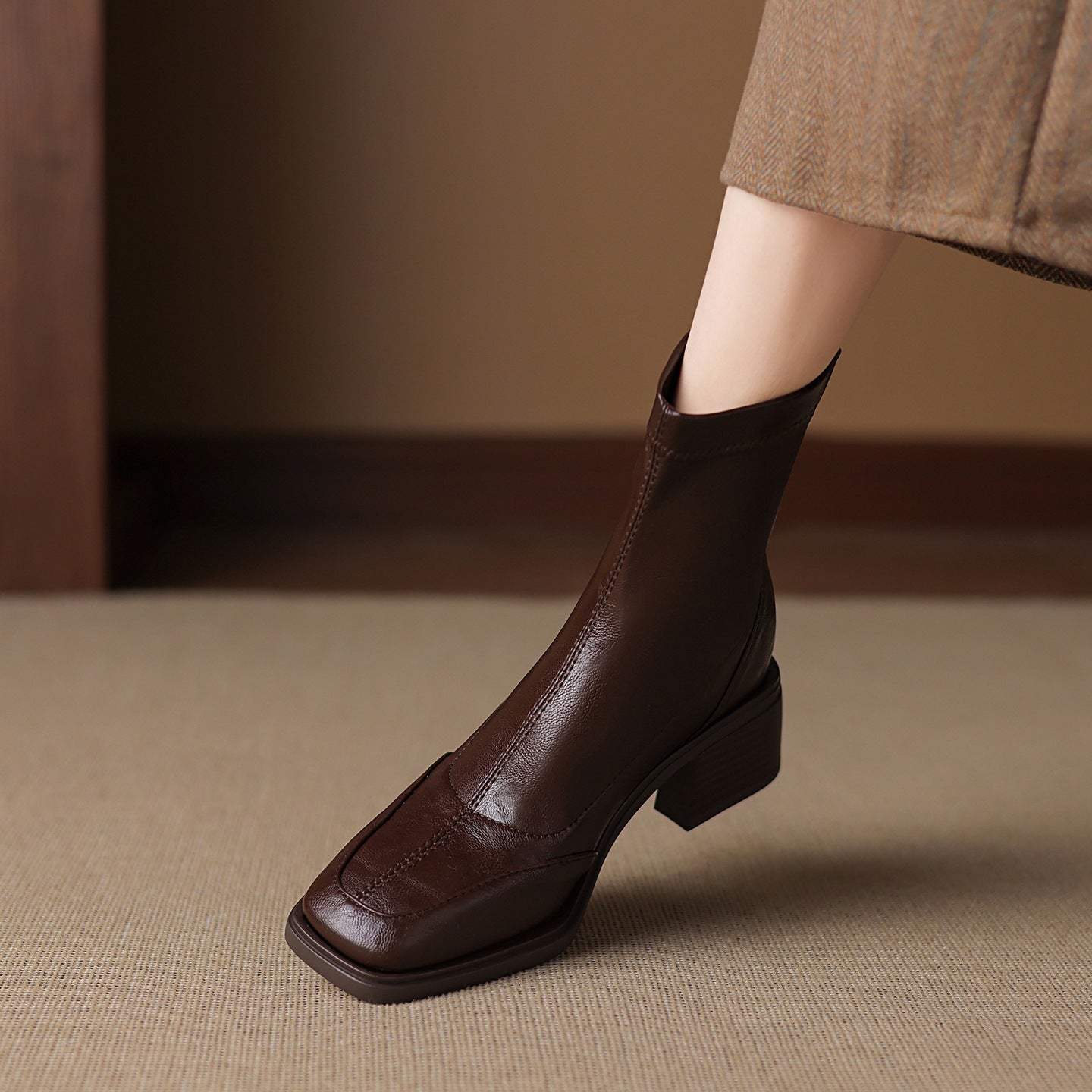 Women's Square Toe Fashion Chunky Short For Autumn Stretch Thin Mid Women's Leather Boots