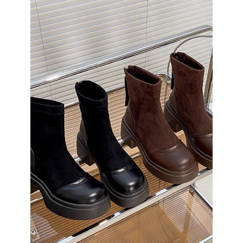 British Style Small Man Platform Chunky Booties Stretch Women's Leather Boots
