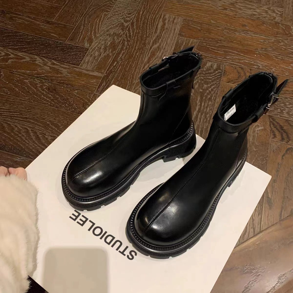 Women's Side Buckle Thick Bottom Chunky Thin Short Women's Leather Boots