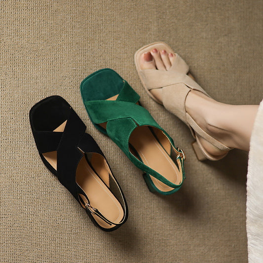 Sheepskin Summer Square Toe Chunky Open With Buckle Green High Heeled Sandals