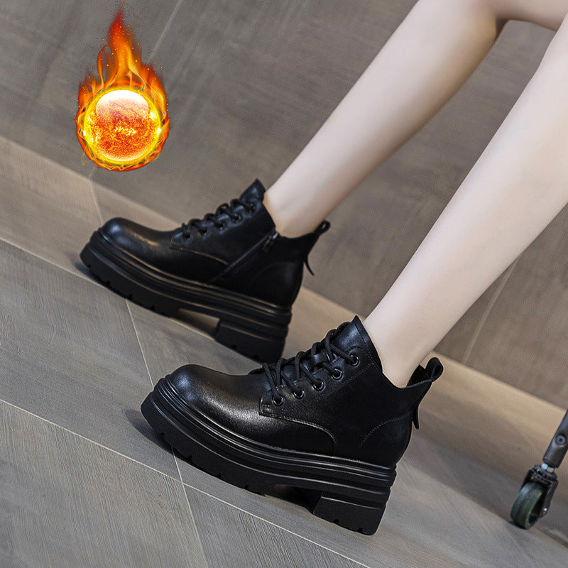 Women's Thick Bottom Increased Platform Lace Up Short Trendy Women's Leather Boots