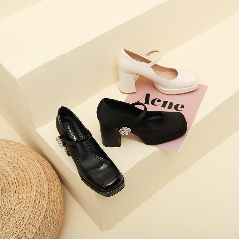 Women's High Mary Jane Waterproof Platform Square Heels