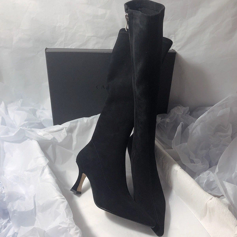Men's Simple Below The Knee Stretch Frosted Skinny Side Zipper Women's Leather Boots