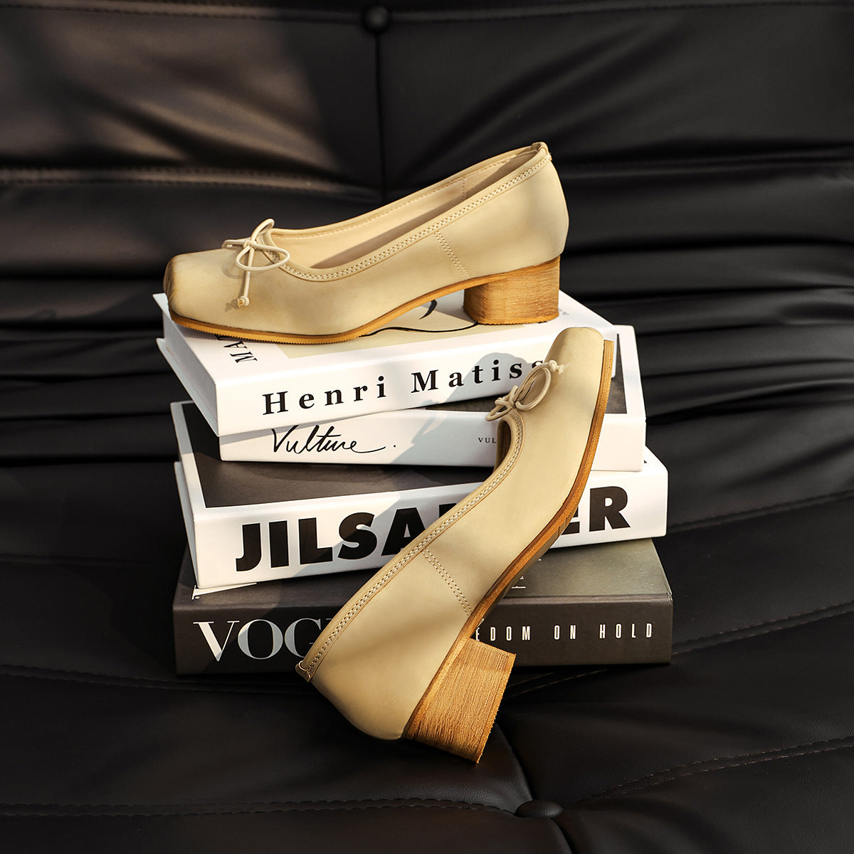 Women's Bowknot Ballet Pumps Vintage Mid Chunky Pig Women's Shoes