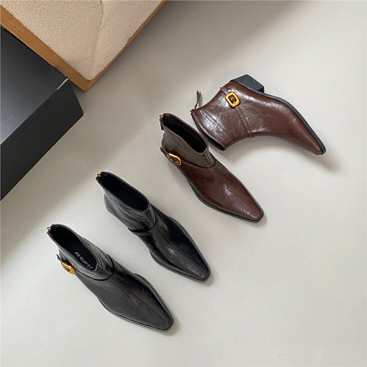 French Retro Brown Western Cowboy Female Chelsea Women's Leather Boots