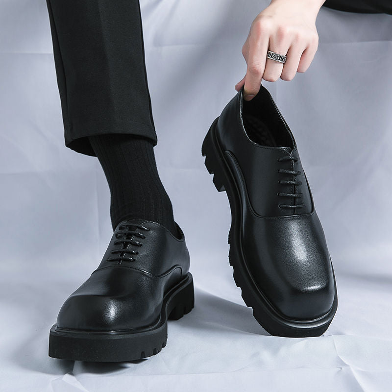 Men's High-grade Platform Korean Niche Design Black Summer Tide Increased Men's Casual Leather Shoes