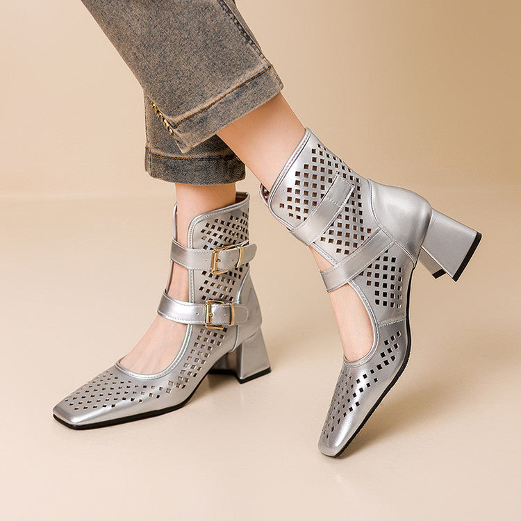 Women's Summer Retro Golden Square Head Chunky High Heeled Sandals