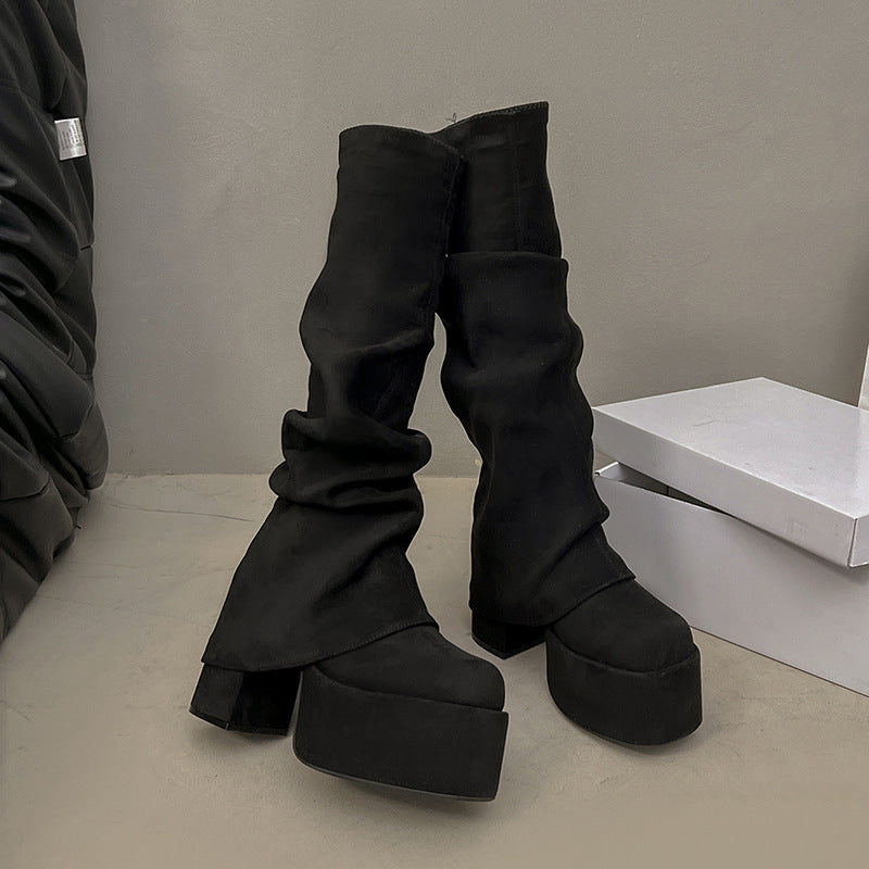 Women's Thick-soled High-heeled Hot Pantyhose Round Toe High Leg Slimming Stretch Women's Leather Boots