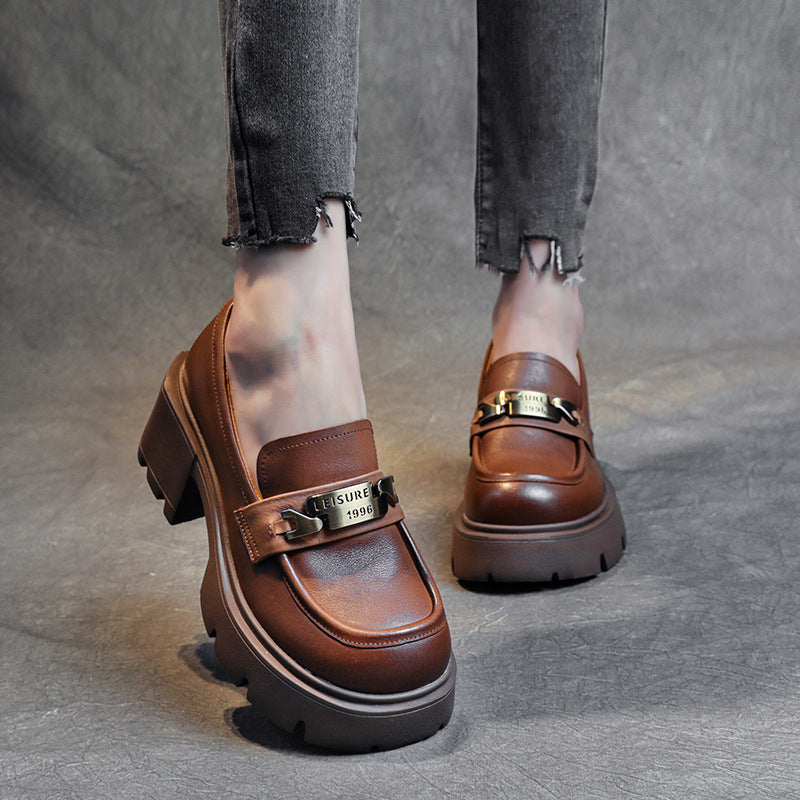 Women's Layer Cowhide Authentic Platform Thick Bottom Casual Shoes