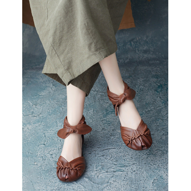 Retro Style Cowhide Twisted Flower Open Flat Sandals