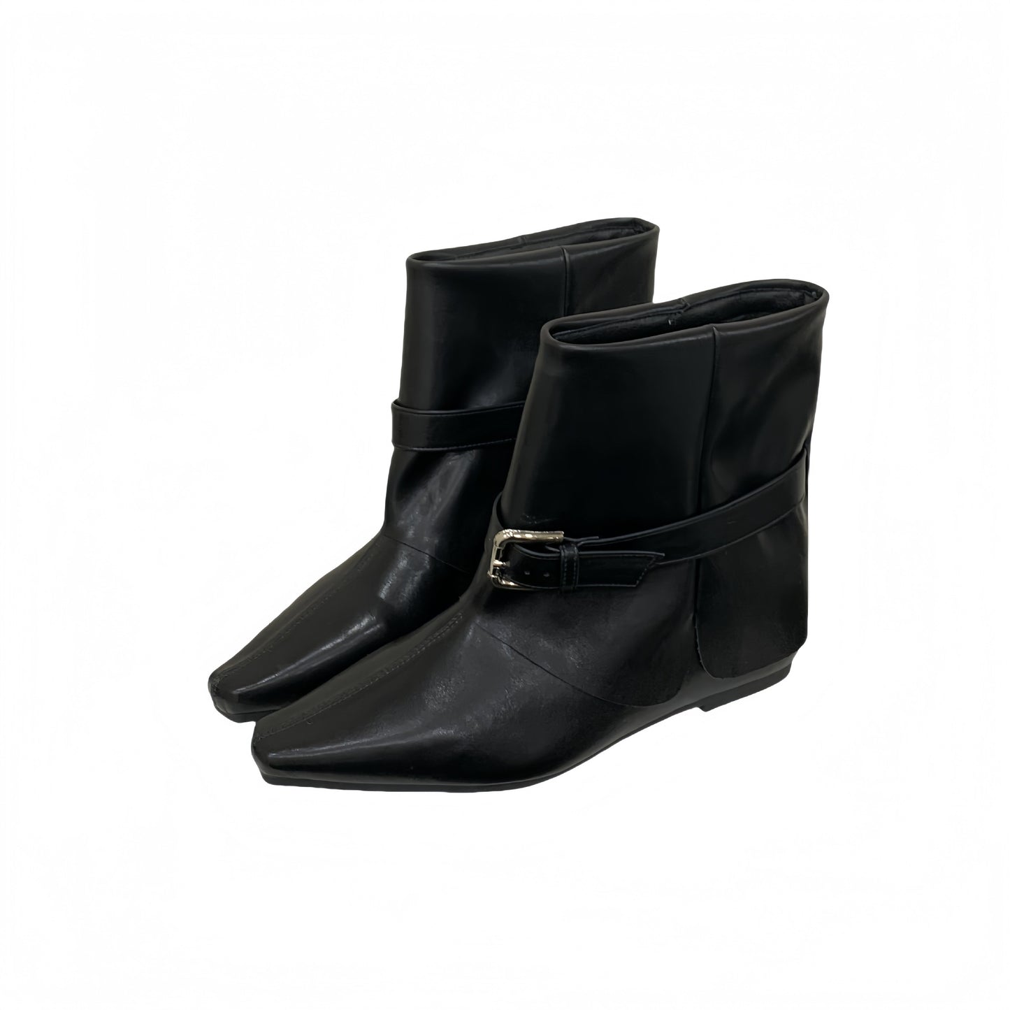 Women's Toe Chunky Mid Short Pleated Pile Style Outer Belt Buckle Women's Leather Boots