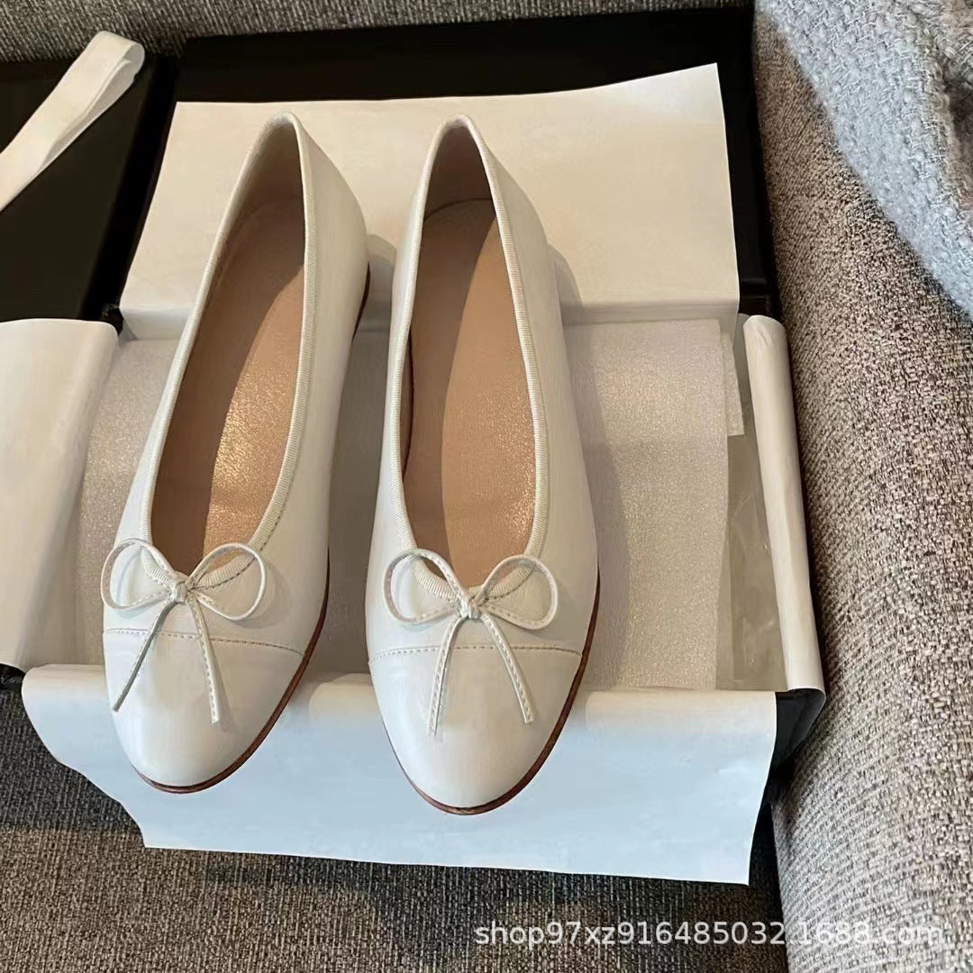 Women's Style Flat Pumps Bow Color Matching Ballet Round Head Shallow Heels