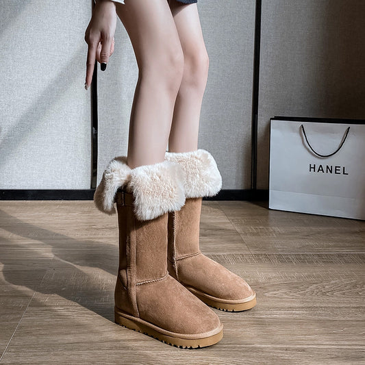 Women's Ring Two-way Real Fur Cowhide Wool Snow Boots