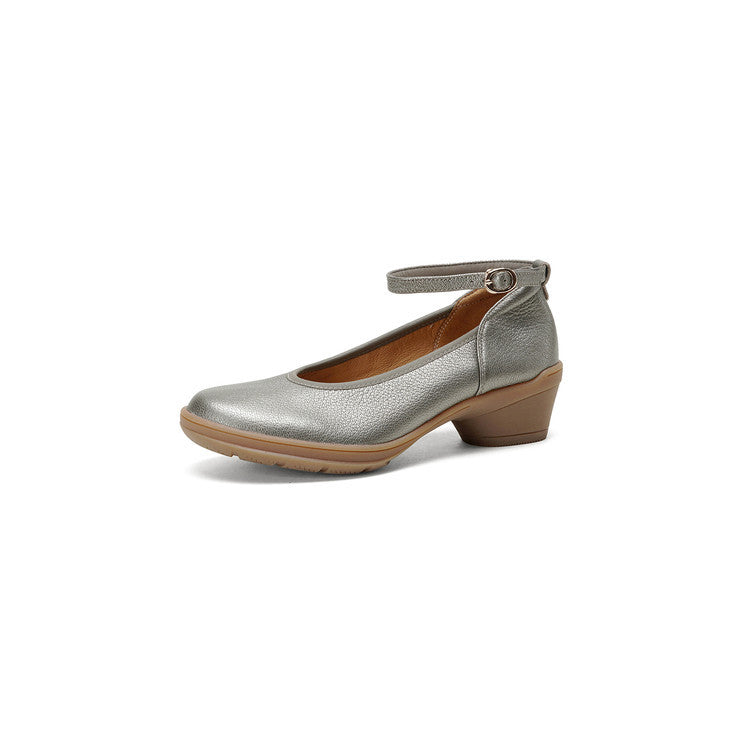 Women's Sheepskin Round Toe Pumps Mid Chunky Retro Buckle Strap Shallow Women's Fashion Shoes