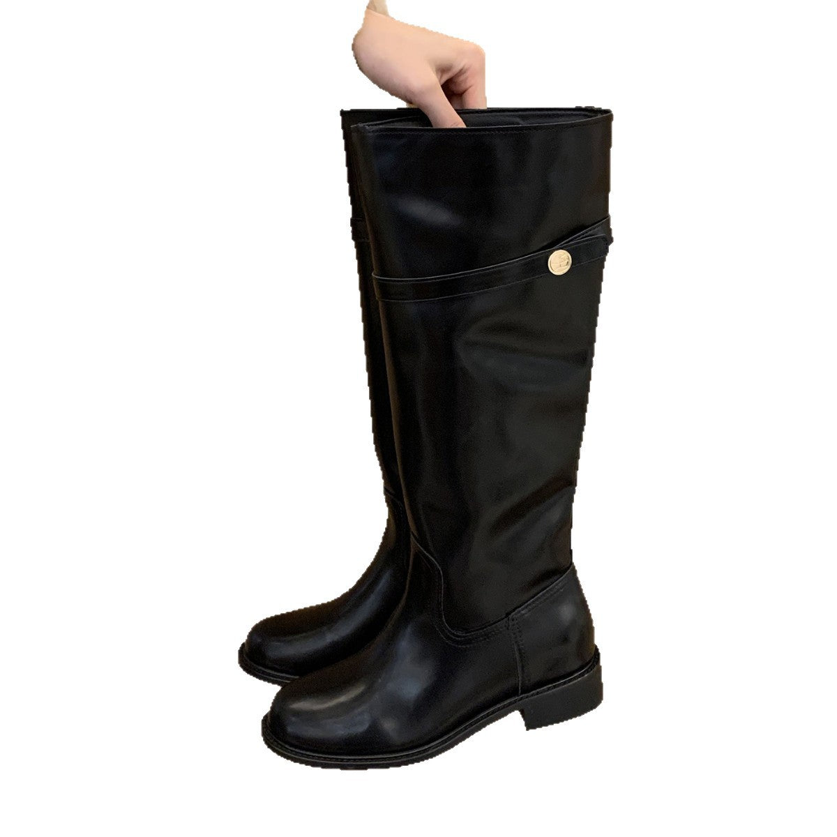 Soft Version Small Golden Button Thick Bottom High Boots
