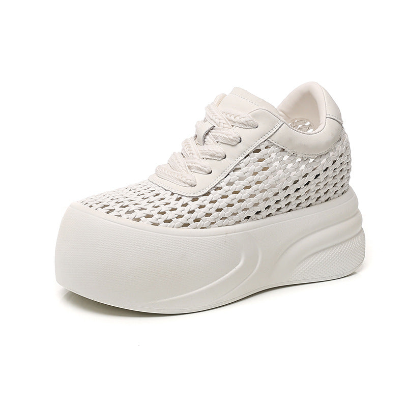 Women's White Thick-soled Summer Versatile Woven Sports Height Increasing Leisure Breathable Sneakers