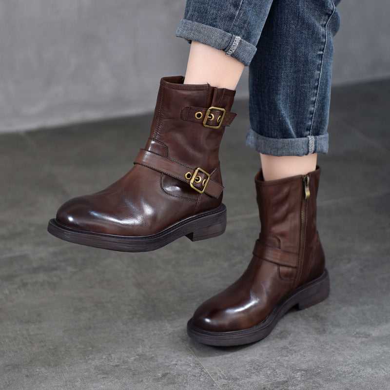 Women's Washed First Layer Cowhide Belt Buckle Knight Boots