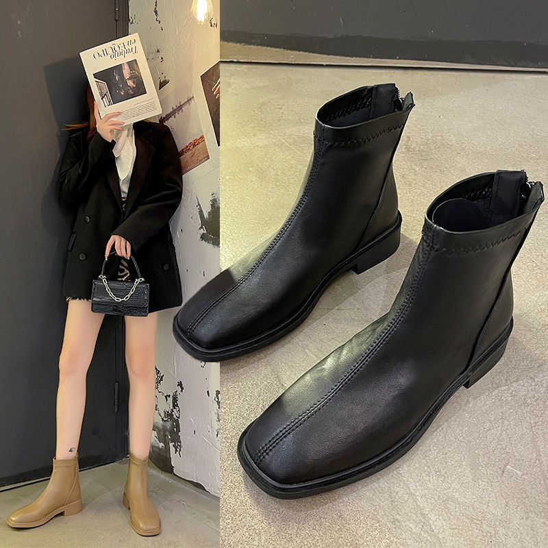 Women's Square Toe English Style Short Winter Boots