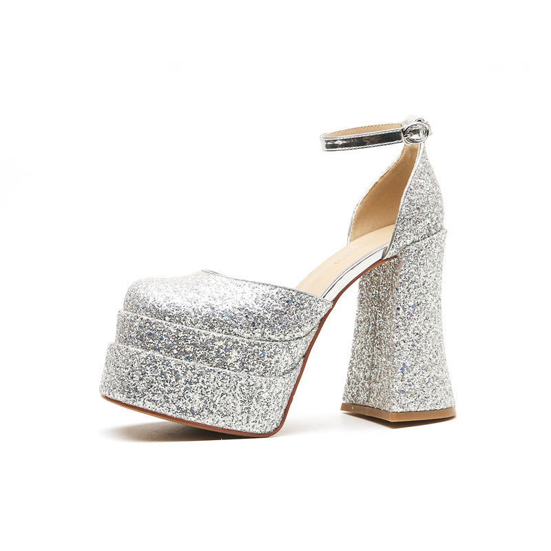 Women's Golden Square Toe Chunky Hollow Waterproof Platform Super High Wedding Women's Fashion Shoes