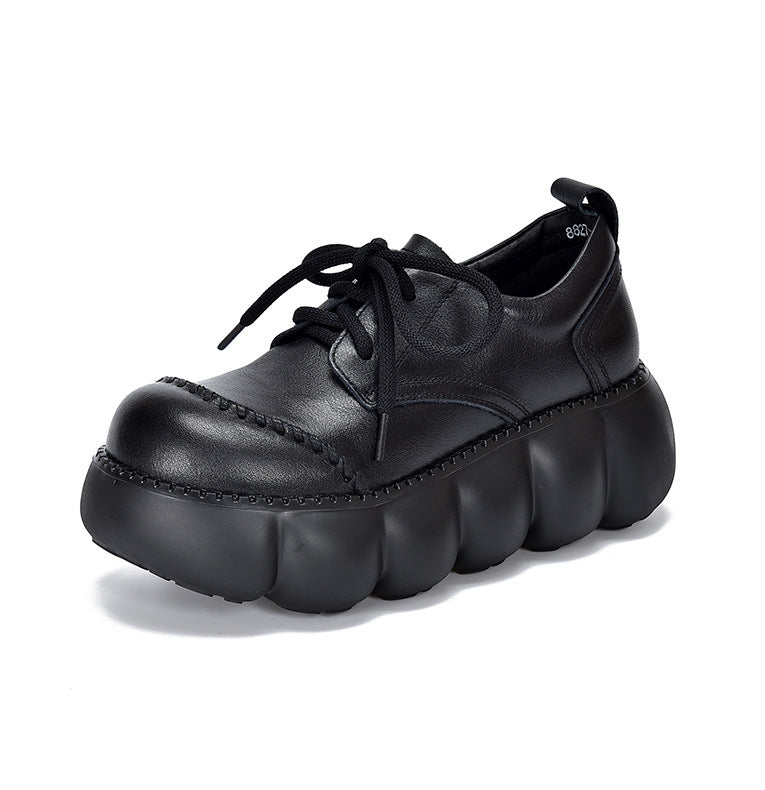 Round Toe Vintage British Style Thick Bottom First Layer Cowhide Women's Casual Shoes