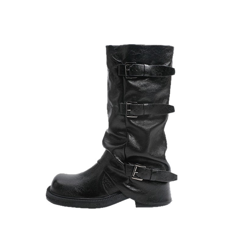 Women's Mid-length Pants Autumn Thick Bottom Pleated Pile Style Western Denim Women's Leather Boots