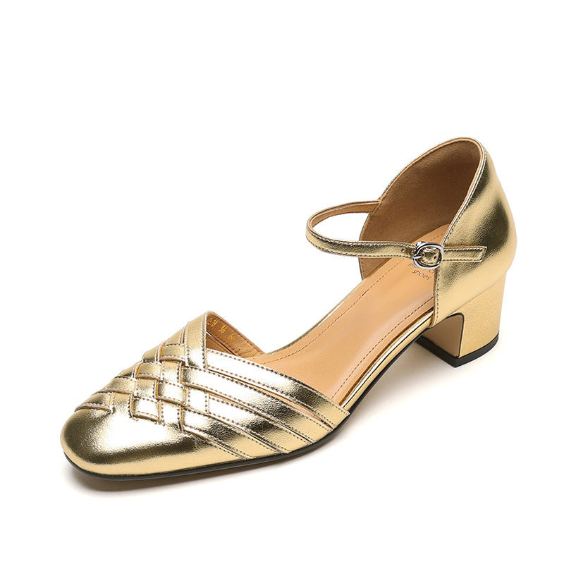 Women's Style Woven Closed Toe Hollowed Summer Round Buckle High Heeled Sandals