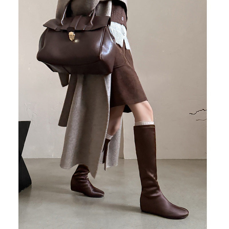 Women's Stretch Winter Cloth Round Head Solid Color Height Increasing Insole Women's Leather Boots