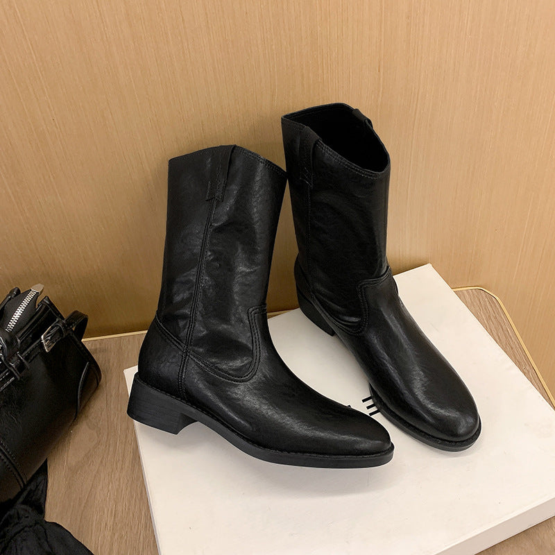 Women's Round Toe V Cut Motorcycle Chunky Retro Snow Boots