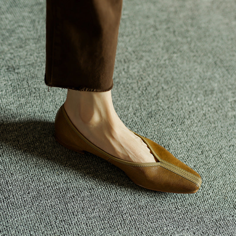 Cowhide Square Toe Low Low-cut Grandma Heels