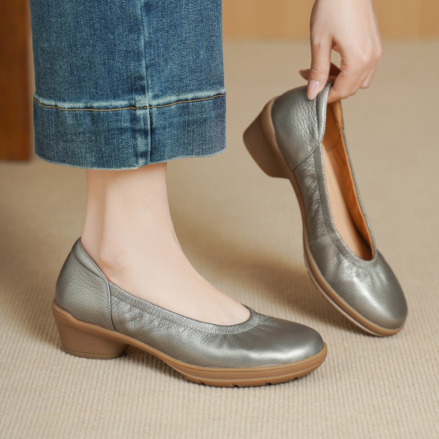 Women's Size Spring High Chunky Commuter Shallow Mouth Milky White Soft Women's Shoes