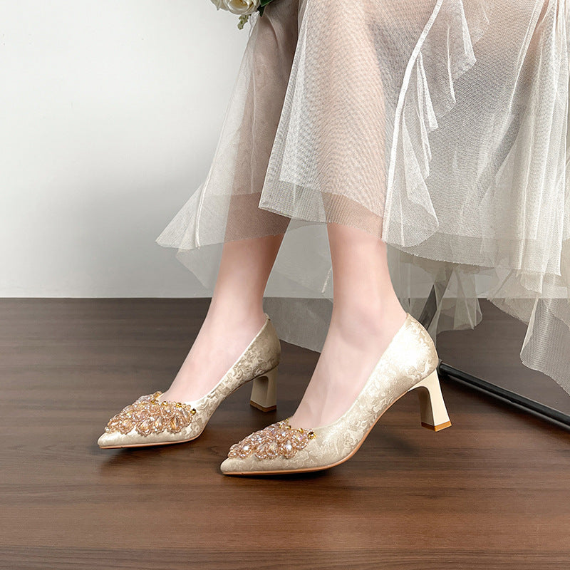 Women's Niche Pointed Toe Rhinestone French High Stiletto Women's Shoes