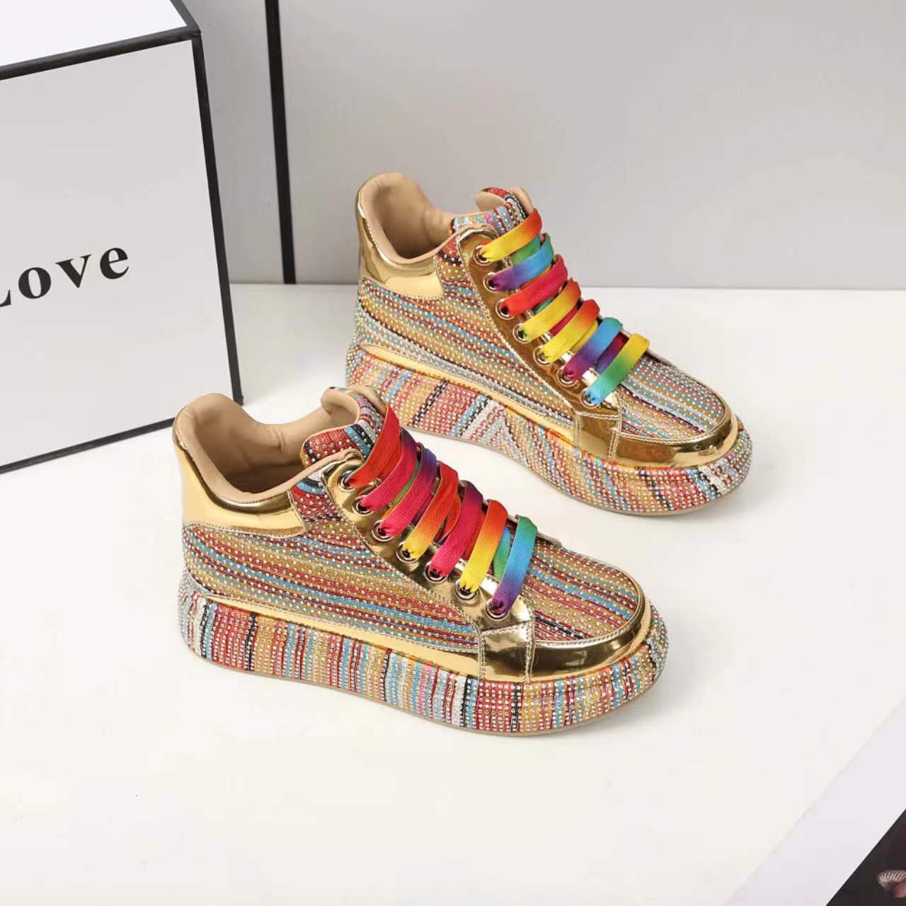 Women's Colorful Rhinestone Iti Sports Board Breathable Low Top Dad Women's Casual Shoes