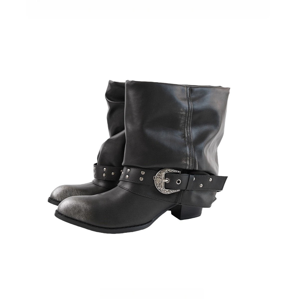 Women's Western Pile Style Thick Design Pleated Pointed Toe Knight Women's Leather Boots