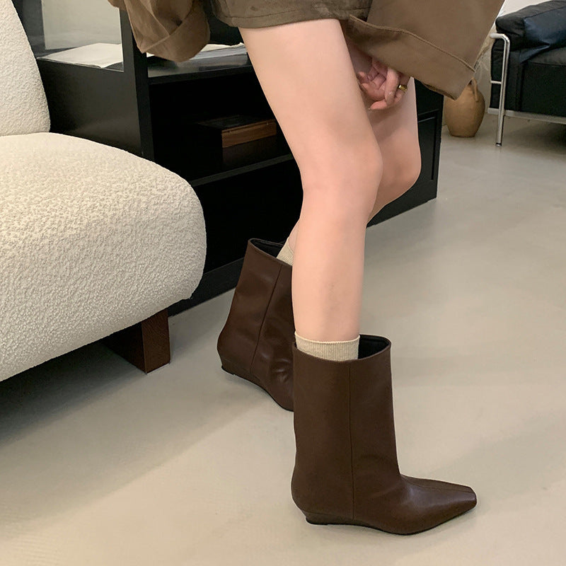 Square Toe Booties French Style Temperament Wedge Bootie Solid Color Boots