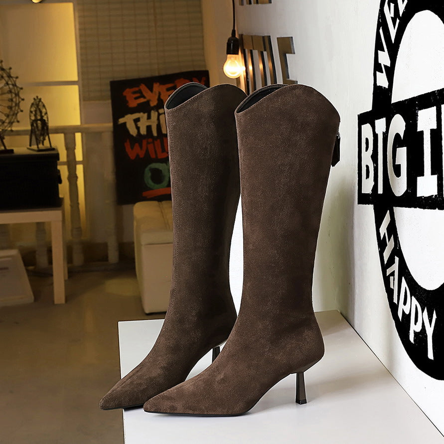Women's Stiletto Pointed Toe V-shaped Mouth Skinny Fashionable Below Women's Leather Boots