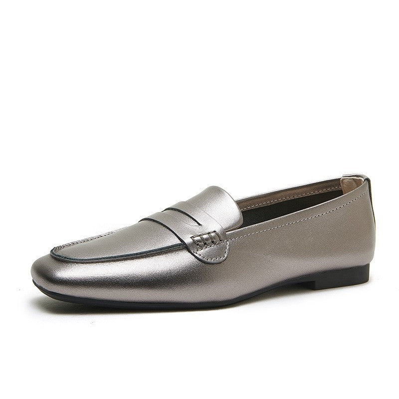 Women's Genuine Square Toe Soft Bottom Black Flat Loafers