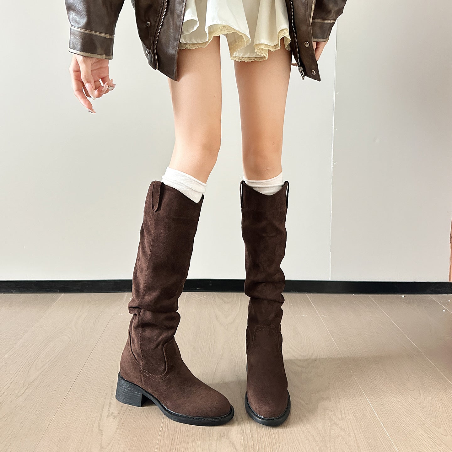 Women's Pile Style Chunky High Top Martin French Early Autumn Suede Women's Leather Boots