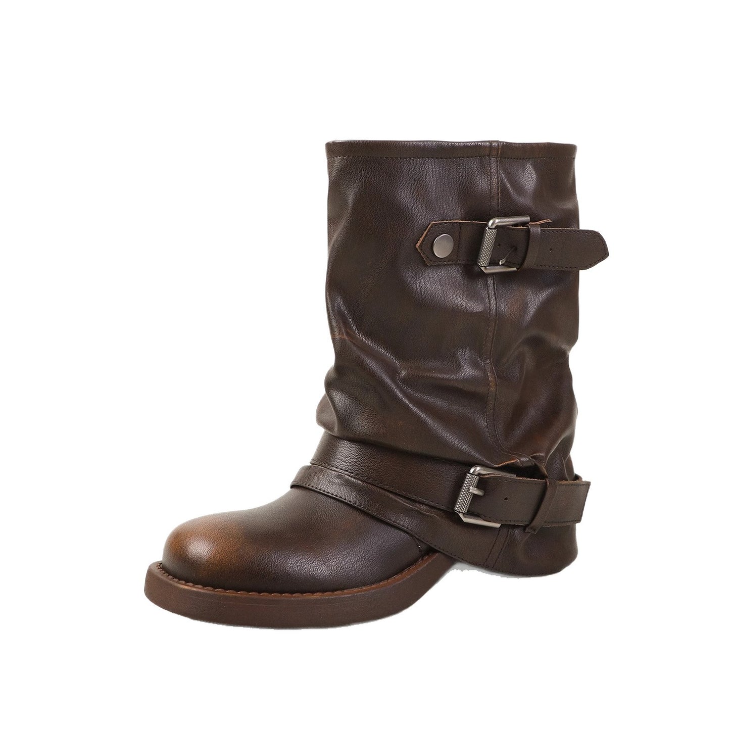 Women's Pants Black Color Pleats Western Cowboy Round Head Chunky Belt Women's Leather Boots